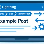 LightningテーマのWordPressサイトを表示するノートPCの画面に、パンくずリストと矢印・ギアアイコンが描かれた青基調のフラットイラスト