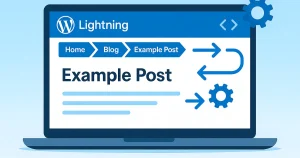 LightningテーマのWordPressサイトを表示するノートPCの画面に、パンくずリストと矢印・ギアアイコンが描かれた青基調のフラットイラスト