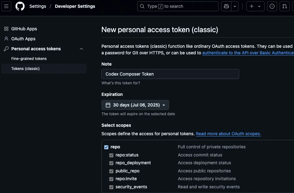 GitHubのPersonal Access Token作成画面で、Composer用のトークンを発行している様子