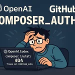 エラー表示されたノートPCを前に悩むエンジニアのイラスト。画面には「composer install 404 Please set COMPOSER_AUTH」と表示されている。