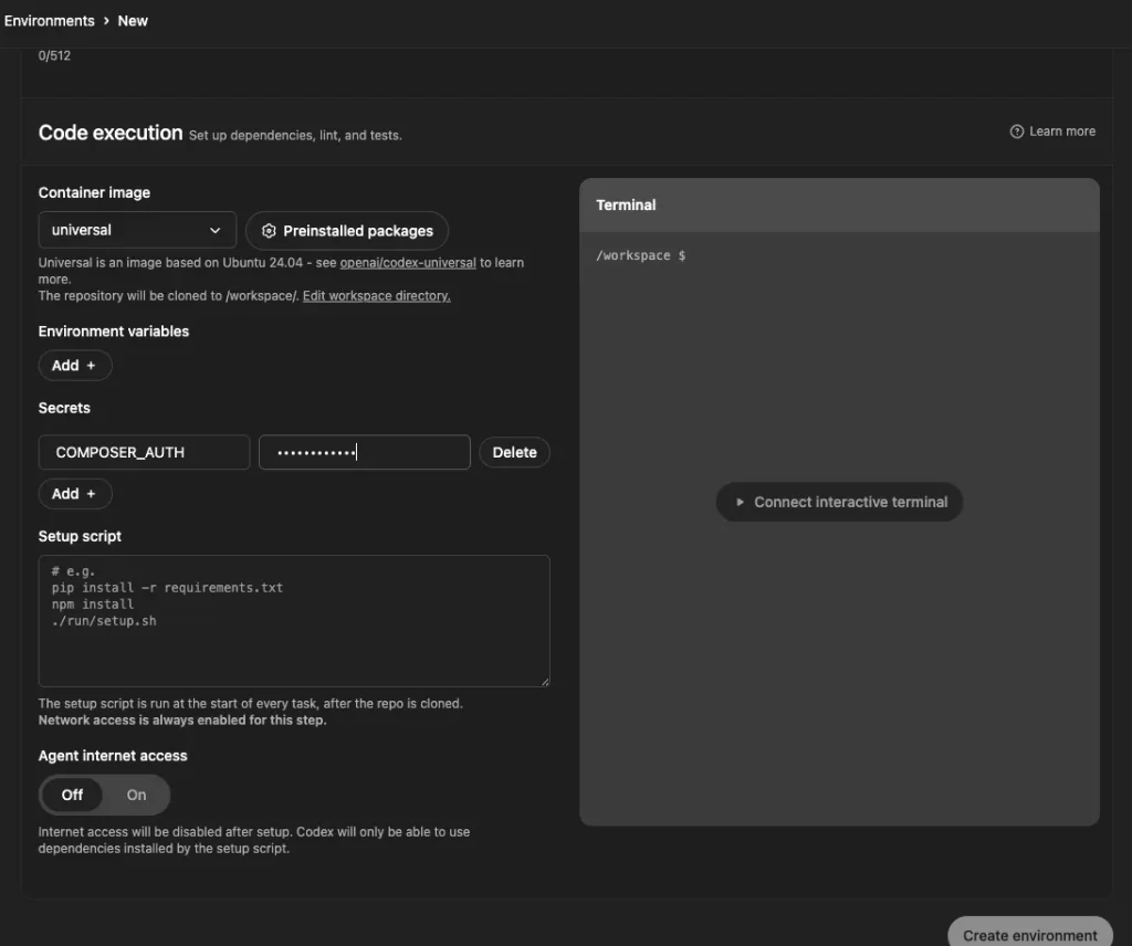 OpenAI CodexのSecrets欄にCOMPOSER_AUTHが登録された状態の環境設定画面