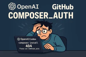 エラー表示されたノートPCを前に悩むエンジニアのイラスト。画面には「composer install 404 Please set COMPOSER_AUTH」と表示されている。
