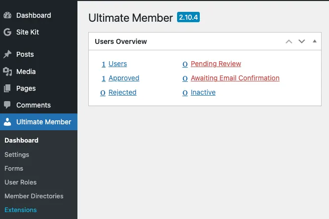 WordPress Ultimate Member dashboard showing user status statistics