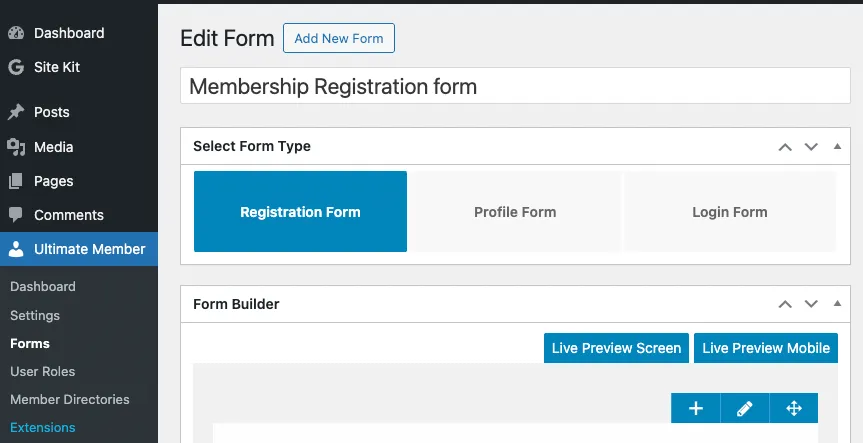 The screen for creating a new registration form in Ultimate Member. "Registration Form" is selected as the form type.