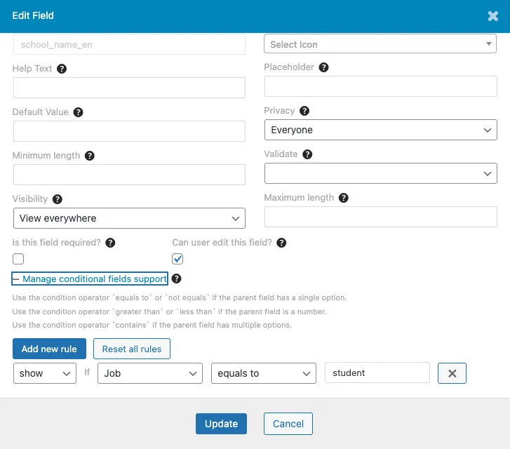 Setting a condition to display the school name field when the "occupation" in the member registration form is "student"