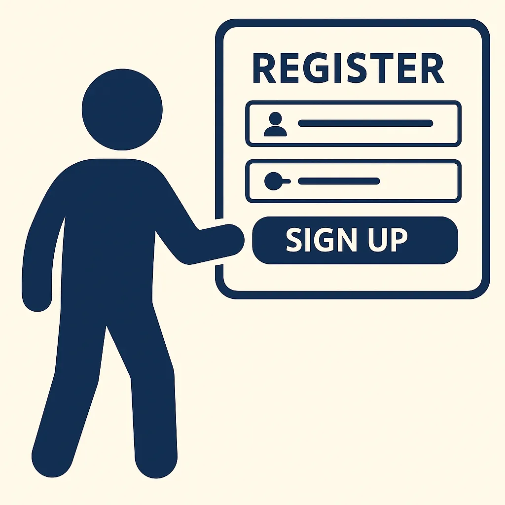 A human icon pointing to the sign-up screen and an illustration of a registration form (username, password, and SIGN UP button)