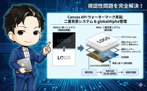 技術ブログのアイキャッチ画像。左側には「Before: 単一シャドウ」として、暗い背景や明るい背景でロゴが見えなくなる問題が示されています。右側には「After: 二重背景システム」として、背景画像の上に「縁取りレイヤー」「背景パネルレイヤー」「ロゴ」が層状に重なる構造図が描かれ、輝度測定から最適化描画に至るフローチャートが添えられています。