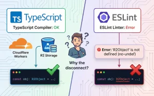 TypeScriptコンパイラでは正常なR2Objectの型定義が、ESLintでno-undefエラーとして検出される問題の比較図