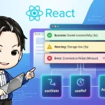 Reactで実装されたトースト通知（Success, Warning, Error）の例と、useState、useRef、アクセシビリティ（a11y）の概念を示すアニメ風のエンジニアキャラクターのイラスト。