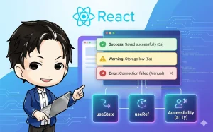 Reactで実装されたトースト通知（Success, Warning, Error）の例と、useState、useRef、アクセシビリティ（a11y）の概念を示すアニメ風のエンジニアキャラクターのイラスト。