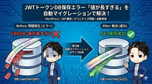 技術ブログのアイキャッチ画像。左側には案内役のキャラクターが配置され、中央に大きく「JWTトークン DB保存エラー解決！」というタイトルがあります。図解として、トークンの長さが64文字を大幅に超えること（181〜231バイト）を示す比較図と、データベースのカラムサイズを512に拡張する修正内容、およびWordPressでの自動マイグレーションの実装イメージが描かれています。