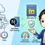 Next.jsのnext/fontによるフォントのセルフホスト化が、パフォーマンス向上とCSP設定の簡略化を実現する仕組みの図解。