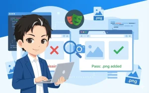 パソコンを操作するエンジニアと、画像拡張子のエラー修正が成功したブラウザ画面のイラスト。