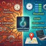 ReactとGoogle Mapsのレースコンディション問題とその解決策を対比したイラスト。中央にuseRefCallbackカスタムフック、左右に「不安定なバグ状態」と「安定した解決状態」が描かれています。