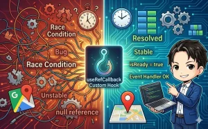 ReactとGoogle Mapsのレースコンディション問題とその解決策を対比したイラスト。中央にuseRefCallbackカスタムフック、左右に「不安定なバグ状態」と「安定した解決状態」が描かれています。