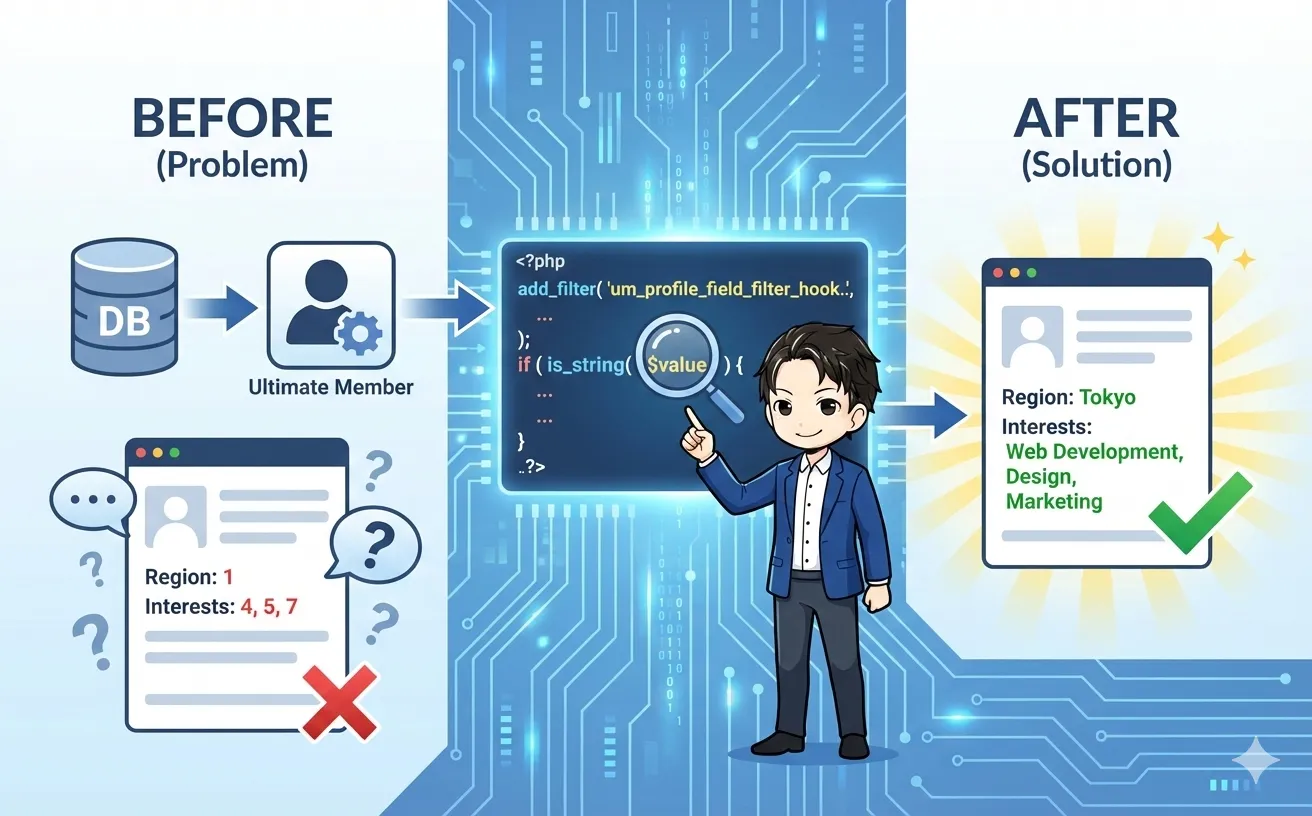 Ultimate MemberでDBの数値データをラベル名に変換するPHPコードの仕組みを示すビフォーアフター図解