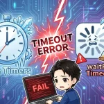 「Fake Timers」と「waitFor Timeout」の対比による、ソフトウェアテストのタイムアウトエラーを表現したイラスト。PCの失敗画面を見て困惑する開発者の姿。