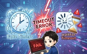 「Fake Timers」と「waitFor Timeout」の対比による、ソフトウェアテストのタイムアウトエラーを表現したイラスト。PCの失敗画面を見て困惑する開発者の姿。