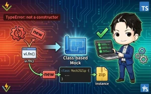 Vitestでのテスト中に発生する「TypeError: not a constructor」を、クラスベースのモック化（Class-based Mock）で解決する手順の解説図。