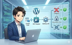Claude CodeからWordPressへMCP AdapterとAbilities APIを介して接続し、カテゴリ制限や公開設定（mcp.public）などのアクセス権限を制御するシステム構成図。