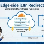 Cloudflare Pages Functionsによるエッジサイドi18nリダイレクトの仕組み。Cookie、Accept-Language、国情報を優先順位として判定し、ユーザーを適切な言語サイト（英語/日本語）へ誘導しつつ、BotのSEOも維持するフロー図。