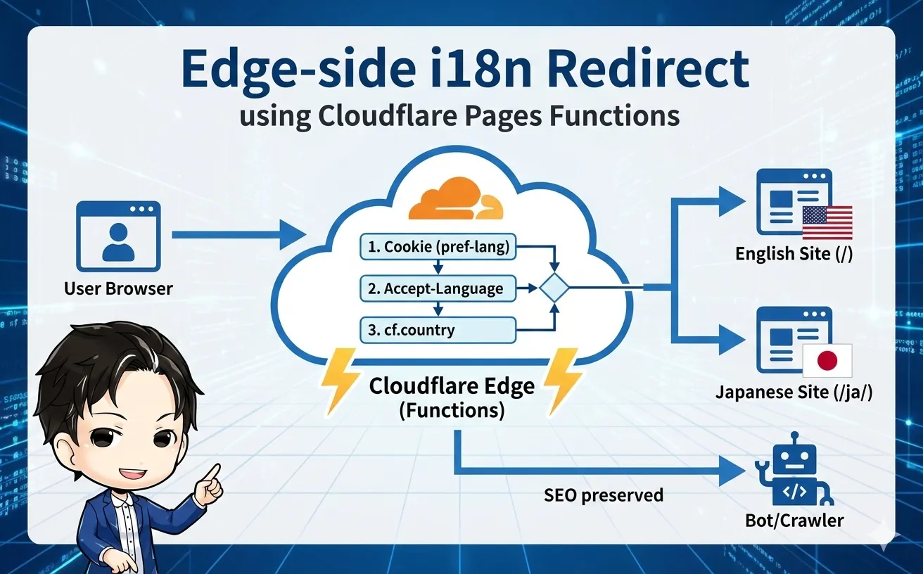 Cloudflare Pages Functionsによるエッジサイドi18nリダイレクトの仕組み。Cookie、Accept-Language、国情報を優先順位として判定し、ユーザーを適切な言語サイト(英語/日本語)へ誘導しつつ、BotのSEOも維持するフロー図。