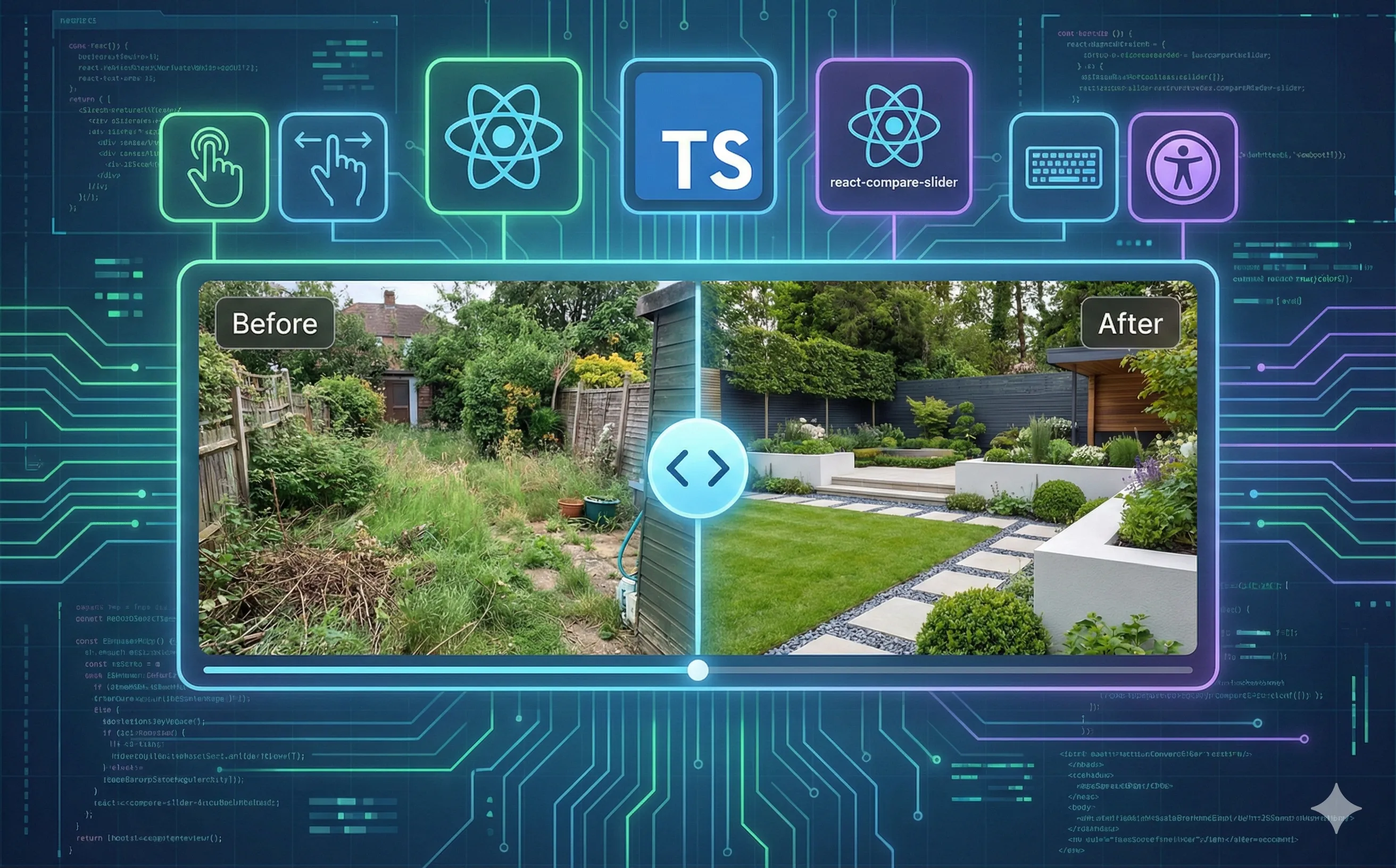 ReactとTypeScriptを使用した画像比較スライダーのUI。庭のビフォーアフターを表示し、アクセシビリティ対応を強調。