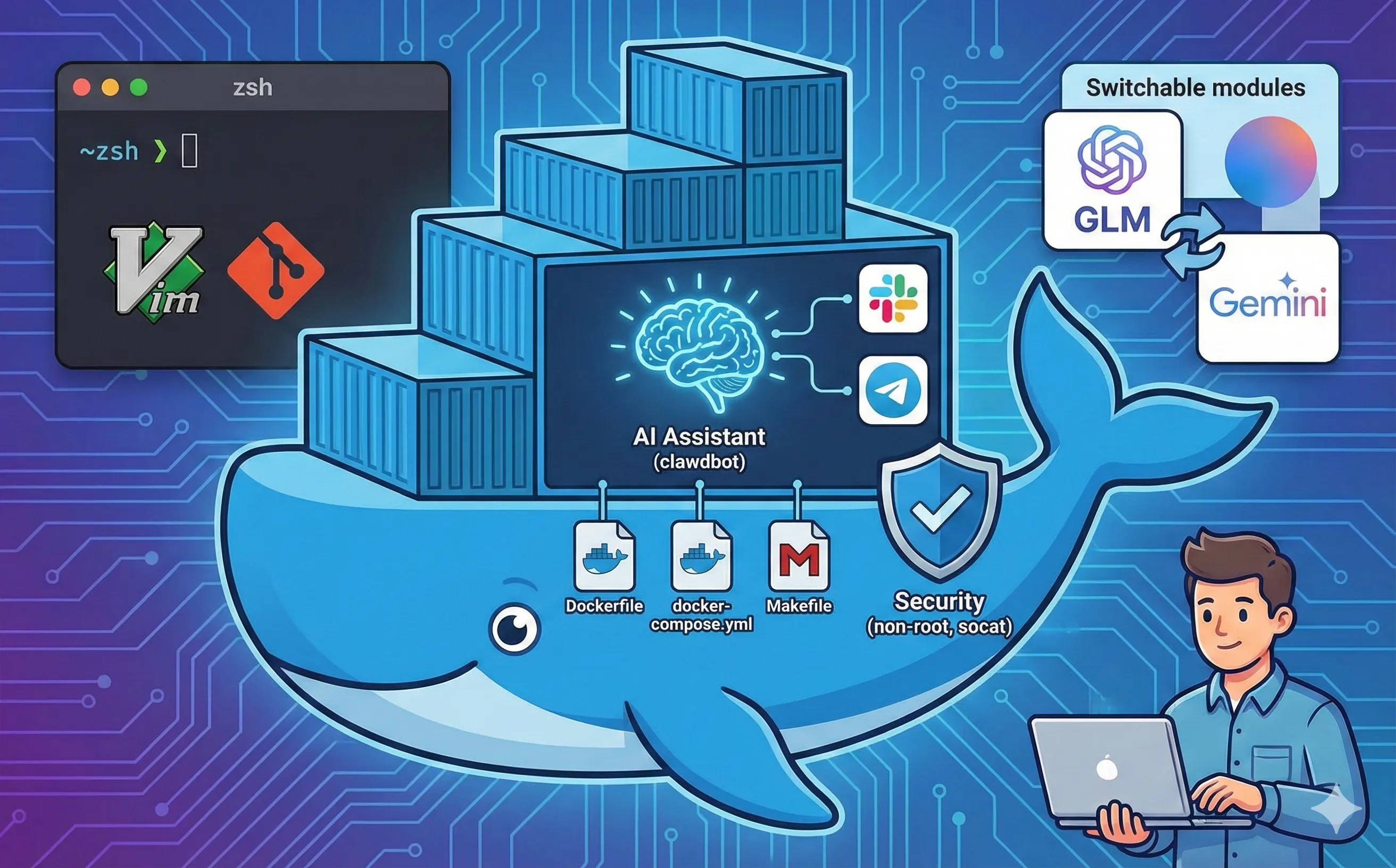 Dockerのクジラの上にAIアシスタント(clawdbot)のコンテナが積まれたイラスト。Vim、Git、Slack、Gemini、GLMなどの開発ツールとセキュリティ設定、プログラミング環境の統合を表現。
