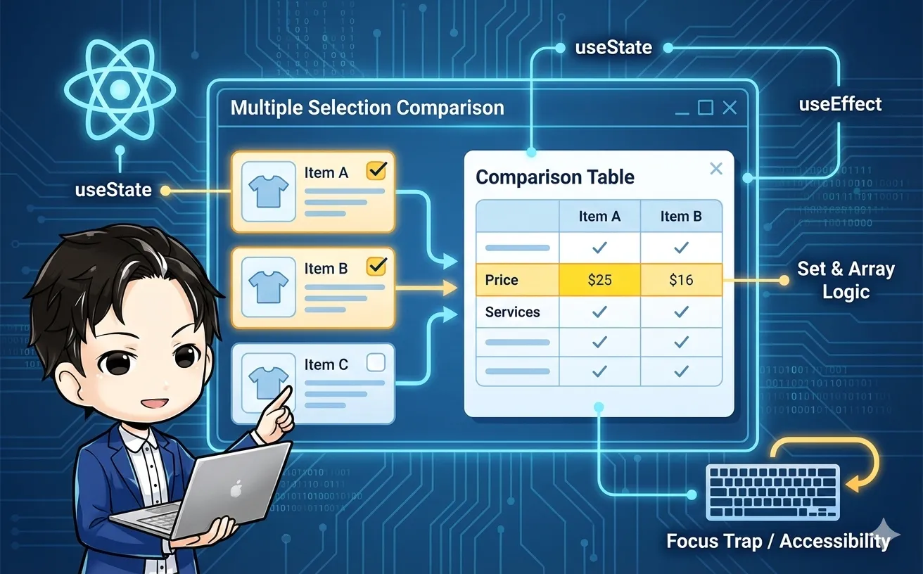 Reactによる複数選択比較機能のUI実装図。useState、useEffect、配列ロジック、フォーカストラップなど、技術的要素を解説。