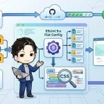 VitePressプロジェクトにESLint 9.x Flat ConfigとStylelintを導入し、GitHub Actionsで自動化するフローを示す、親しみやすいちびキャラが描かれたテクニカルブログ用アイキャッチ画像。