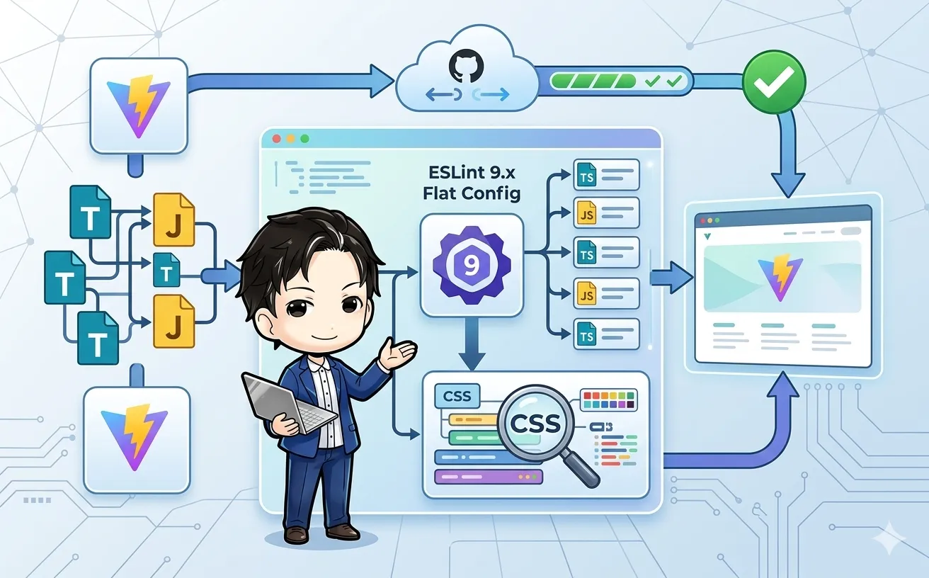 VitePressプロジェクトにESLint 9.x Flat ConfigとStylelintを導入し、GitHub Actionsで自動化するフローを示す、親しみやすいちびキャラが描かれたテクニカルブログ用アイキャッチ画像。
