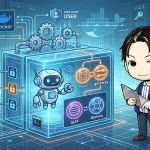 Docker Composeで構築されたclawdbot AIアシスタント環境を管理する男性キャラクターのイラスト。ホストマシン、コンテナ、ボリューム、socat/gatewayブリッジ、そしてGLM/Geminiモデル切り替え機能が、セキュアな非root環境として描かれている。