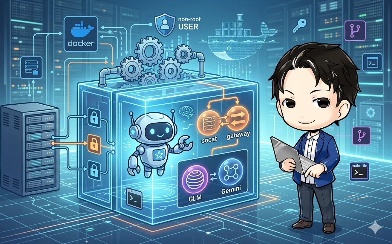Docker Composeで構築されたclawdbot AIアシスタント環境を管理する男性キャラクターのイラスト。ホストマシン、コンテナ、ボリューム、socat/gatewayブリッジ、そしてGLM/Geminiモデル切り替え機能が、セキュアな非root環境として描かれている。