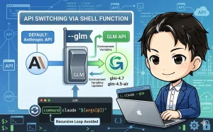 シェル関数でAnthropic APIとGLM APIを切り替える仕組みの図解。ノートPCを操作する男性キャラと、環境変数の更新フロー。