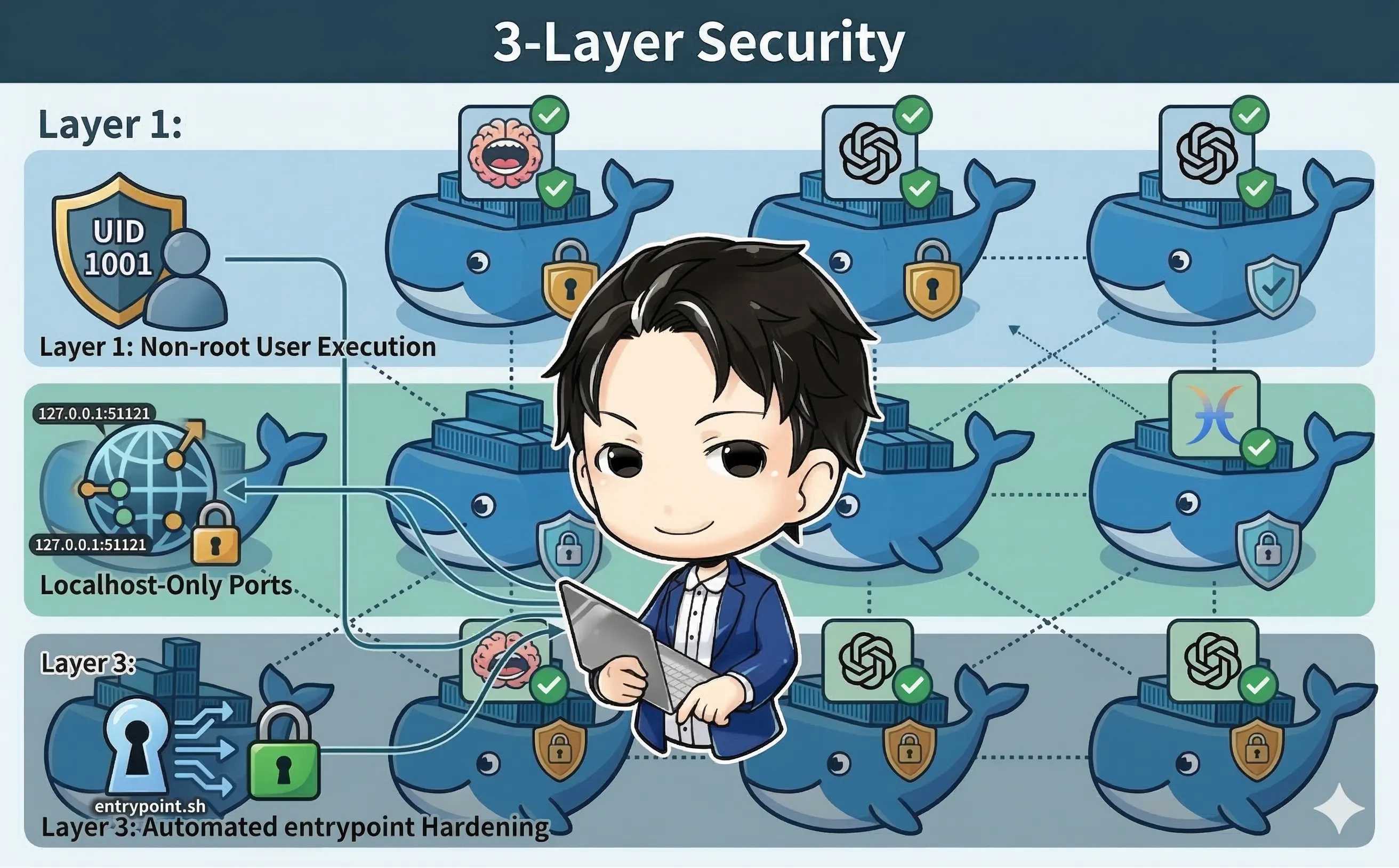 AIチャットボットのDocker Composeセキュリティ3層構造の解説図。非rootユーザー実行、localhostポート限定、entrypointによる自動硬化の3つのレイヤーと、クジラのアイコンで表現されたコンテナ群が描かれたイラスト。