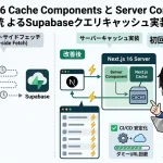 Next.js 16のCache ComponentsとSupabaseクエリキャッシュの実装によるパフォーマンス改善前後の比較イラスト。ブラウザ、Next.jsサーバー（キャッシュ含む）、Supabase APIのデータフローと、成功を喜ぶキャラクター、CI/CDビルド安定化のアイコンが描かれたアイキャッチ画像。