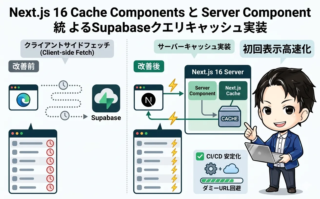 Next.js 16のCache ComponentsとSupabaseクエリキャッシュの実装によるパフォーマンス改善前後の比較イラスト。ブラウザ、Next.jsサーバー（キャッシュ含む）、Supabase APIのデータフローと、成功を喜ぶキャラクター、CI/CDビルド安定化のアイコンが描かれたアイキャッチ画像。