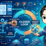 AIがデザインからコード生成までを駆動する開発の閉ループ図。Figmaやコード画面、そして「Handoff Bundle」を示すビジネスマン風のキャラクターが、Claude Designによるデザインと実装の融合を表しています。