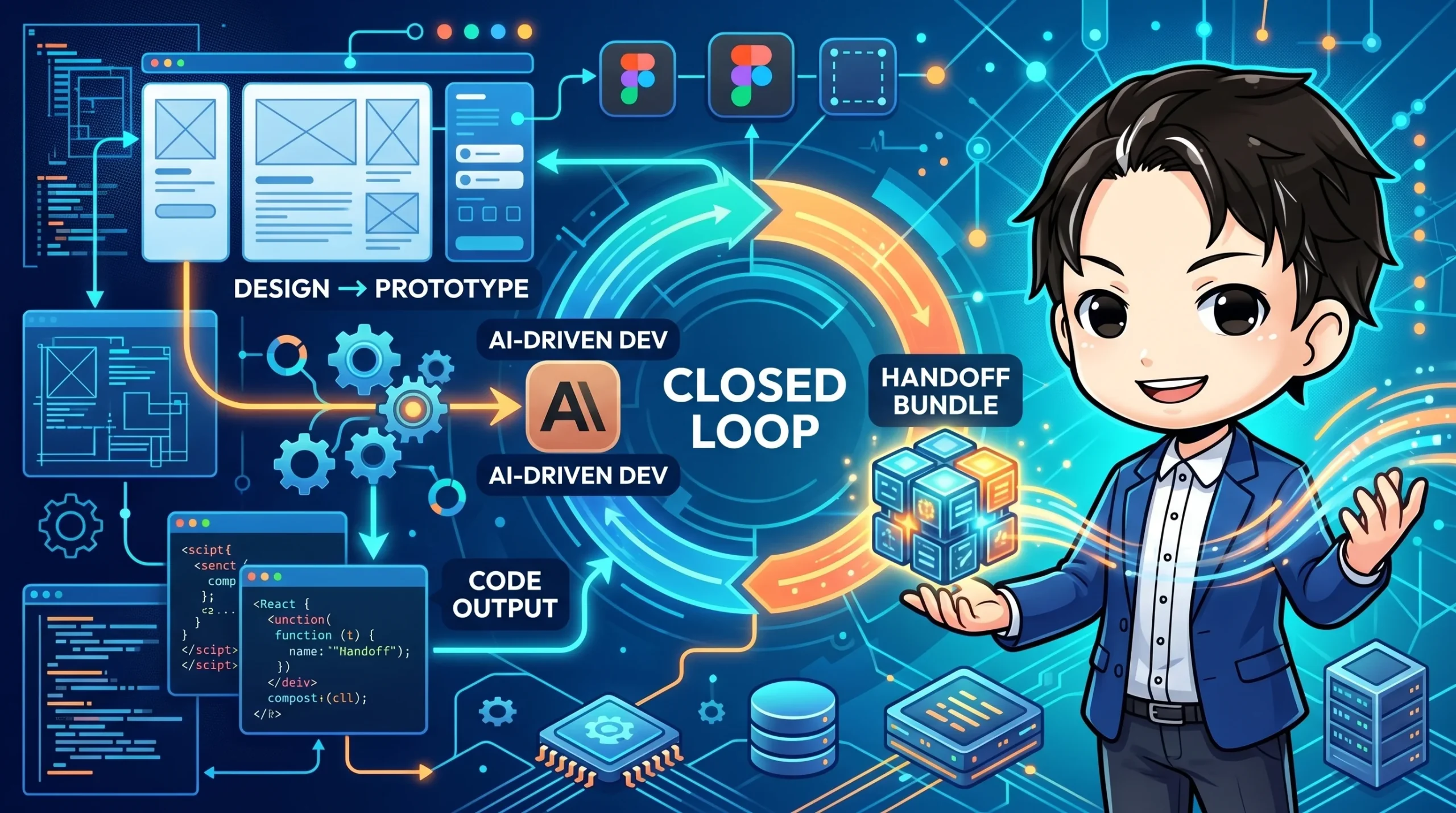AIがデザインからコード生成までを駆動する開発の閉ループ図。Figmaやコード画面、そして「Handoff Bundle」を示すビジネスマン風のキャラクターが、Claude Designによるデザインと実装の融合を表しています。
