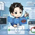 サーバーラック前で、開発者がADRをpre-commitとCI/CDで自動チェックする様子。ADR文書がpre-commitを通り、禁止ルール（例:plan_tier）違反がGitHub PRでマージをブロック。設計判断の侵食を防ぐ自動化を示します。