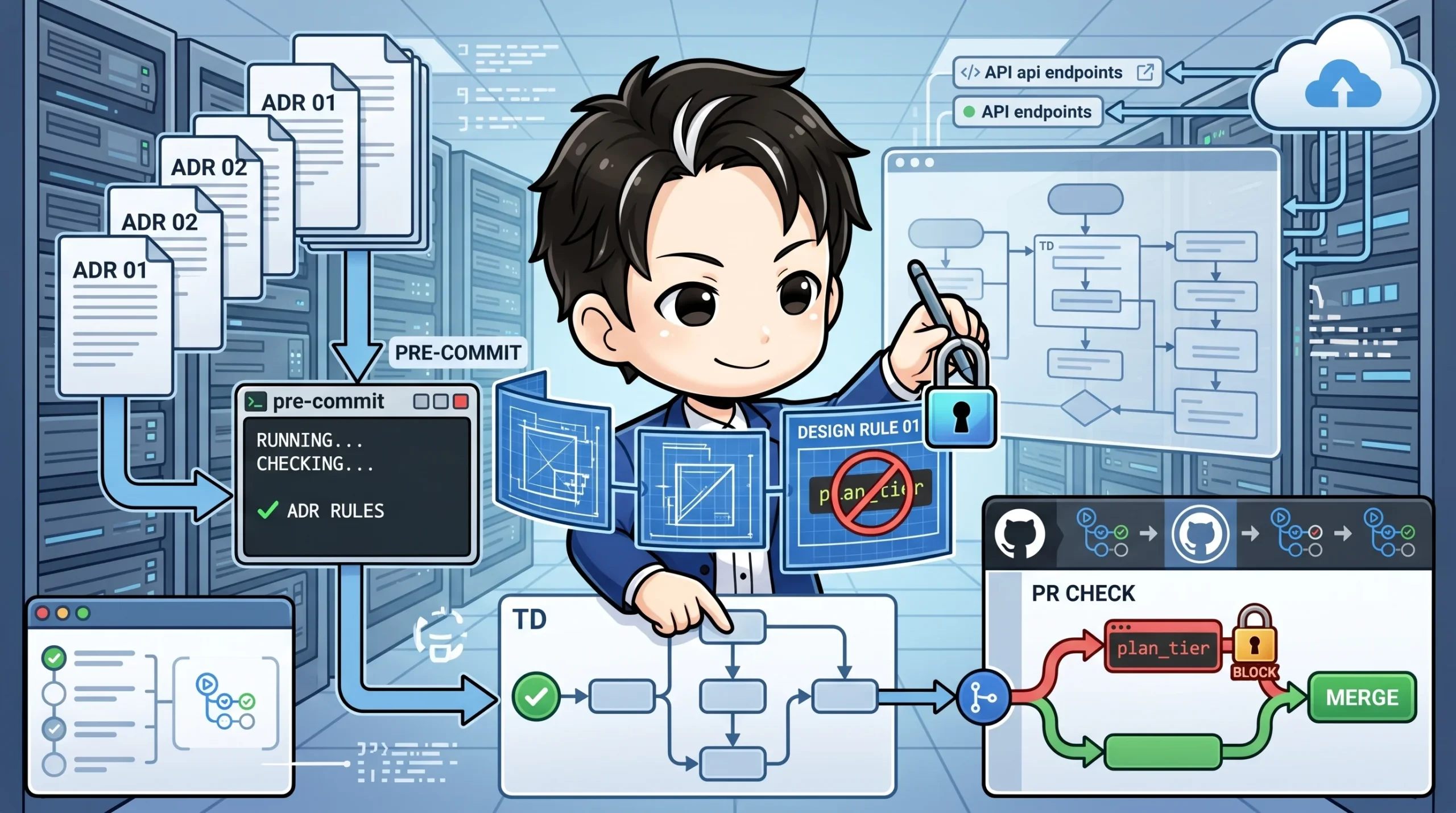 サーバーラック前で、開発者がADRをpre-commitとCI/CDで自動チェックする様子。ADR文書がpre-commitを通り、禁止ルール（例:plan_tier）違反がGitHub PRでマージをブロック。設計判断の侵食を防ぐ自動化を示します。