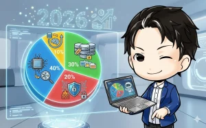 2026年の企業AI予算配分を示す円グラフを提示するキャラクター。グラフはインファレンス40%、データガバナンス30%、セキュリティ20%、トレーニング10%の割合で構成され、未来的なデータセンターの背景に浮かんでいる。