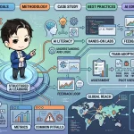 AI教育のプロセスを図解したインフォグラフィック。中心人物が「構造化されたAI学習」を指し示し、AIリテラシー、ハンズオン、フィードバックループを経てチームへのAI導入、非エンジニア部門への展開、グローバルリーチまでを体系的に表現しています。