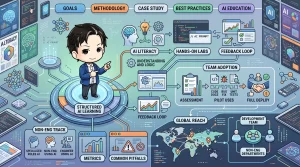 AI教育のプロセスを図解したインフォグラフィック。中心人物が「構造化されたAI学習」を指し示し、AIリテラシー、ハンズオン、フィードバックループを経てチームへのAI導入、非エンジニア部門への展開、グローバルリーチまでを体系的に表現しています。