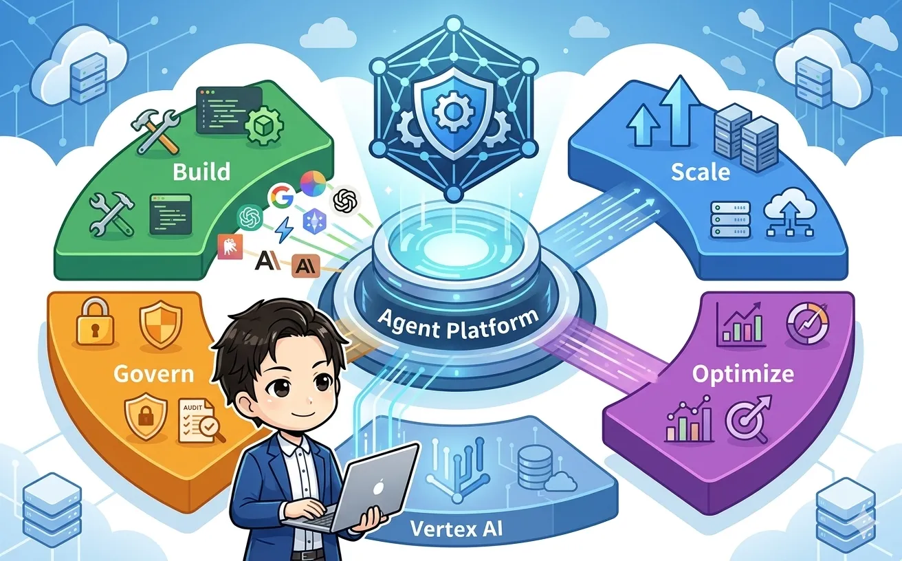 Gemini Enterprise Agent Platformの4つの機能（Build、Scale、Govern、Optimize）が色分けされて配置されたアイキャッチ画像。土台にはVertex AIが統合され、中央にはエージェントプラットフォームが輝いています。左下には開発者のオリジナルキャラクターがラップトップを持ち、多様なモデルアイコンが配置されています。