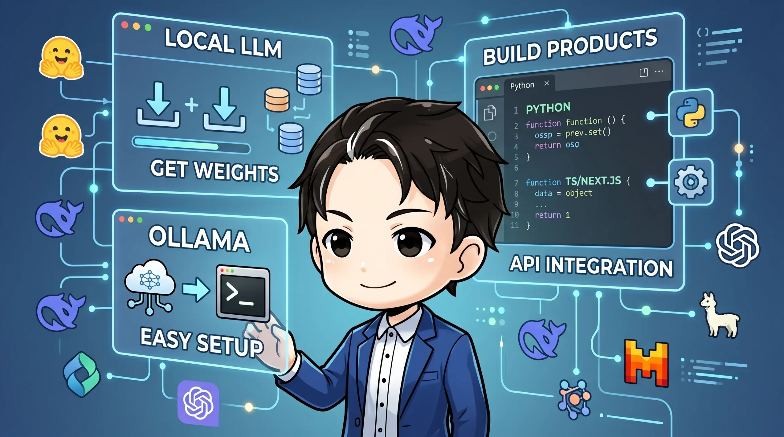 「オープンウェイトLLMをプロダクト開発に活かす実践ガイド」のアイキャッチ画像。男性が指し示すホログラム画面には、モデルウェイトの取得、Ollamaによるローカル環境構築、PythonでのAPI連携といったLLM活用プロセスが図解されています。