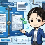 「react-compare-slider」を使ったBefore/After画像比較スライダーの実装方法を示すシステム図。中央で開発者がAI生成UIの改善を説明し、React、TypeScript、Tailwind、タッチ操作、アクセシビリティなど、実装に必要な要素が網羅的に描かれている。