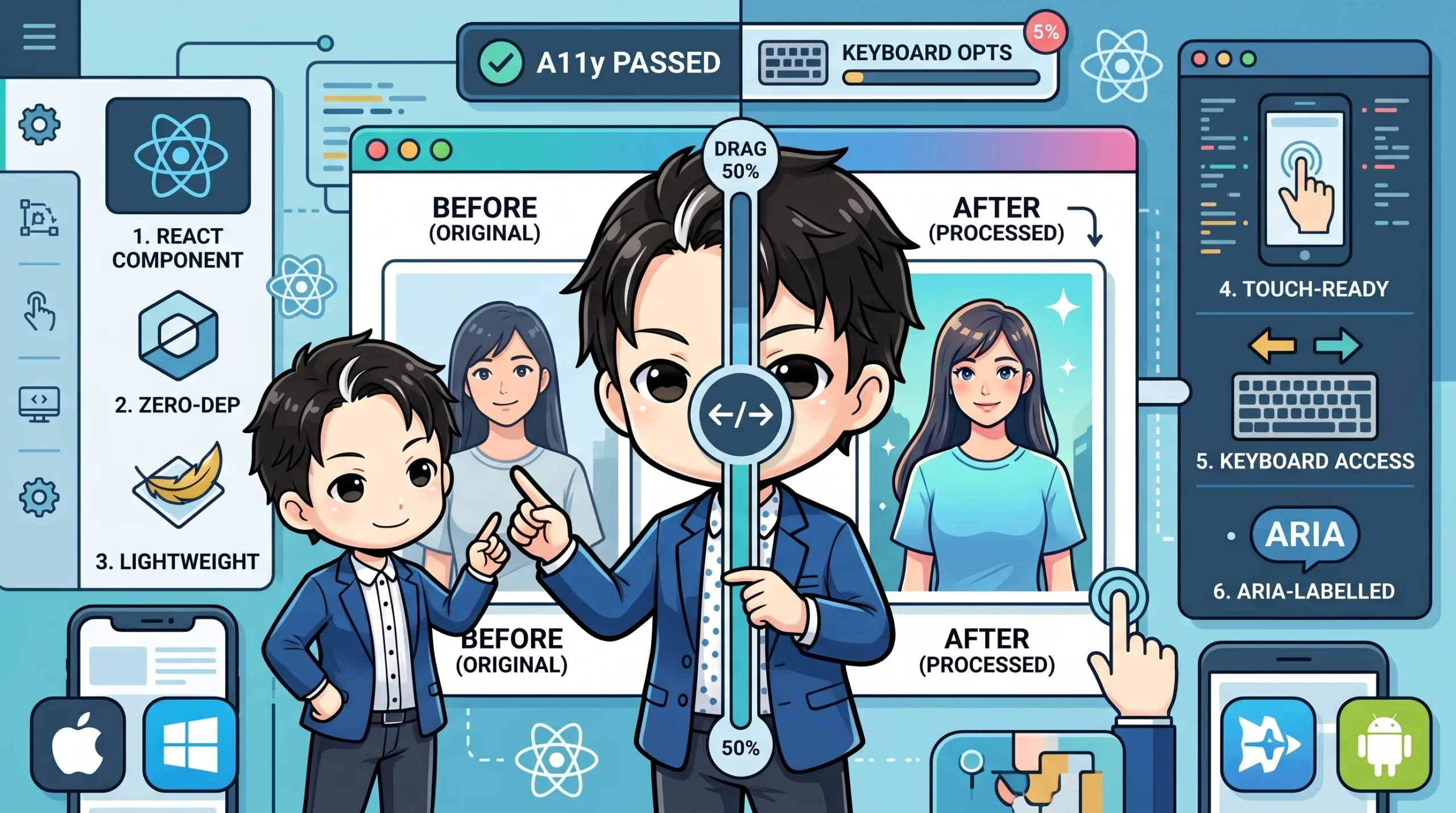 「BEFORE」と「AFTER」の画像比較スライダーを操作する男性キャラクターのイラスト。Reactコンポーネント、アクセシビリティ（A11y）、タッチ・キーボード対応といった、記事で解説する機能が図示されている。