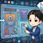 Claude CodeをLiteLLMプロキシでOllama上のQwen 3モデルへ繋ぐシステム構成図。エラーや互換性の問題に直面し、原因究明する様子を描写。ローカルLLM連携の検証と課題を表します。