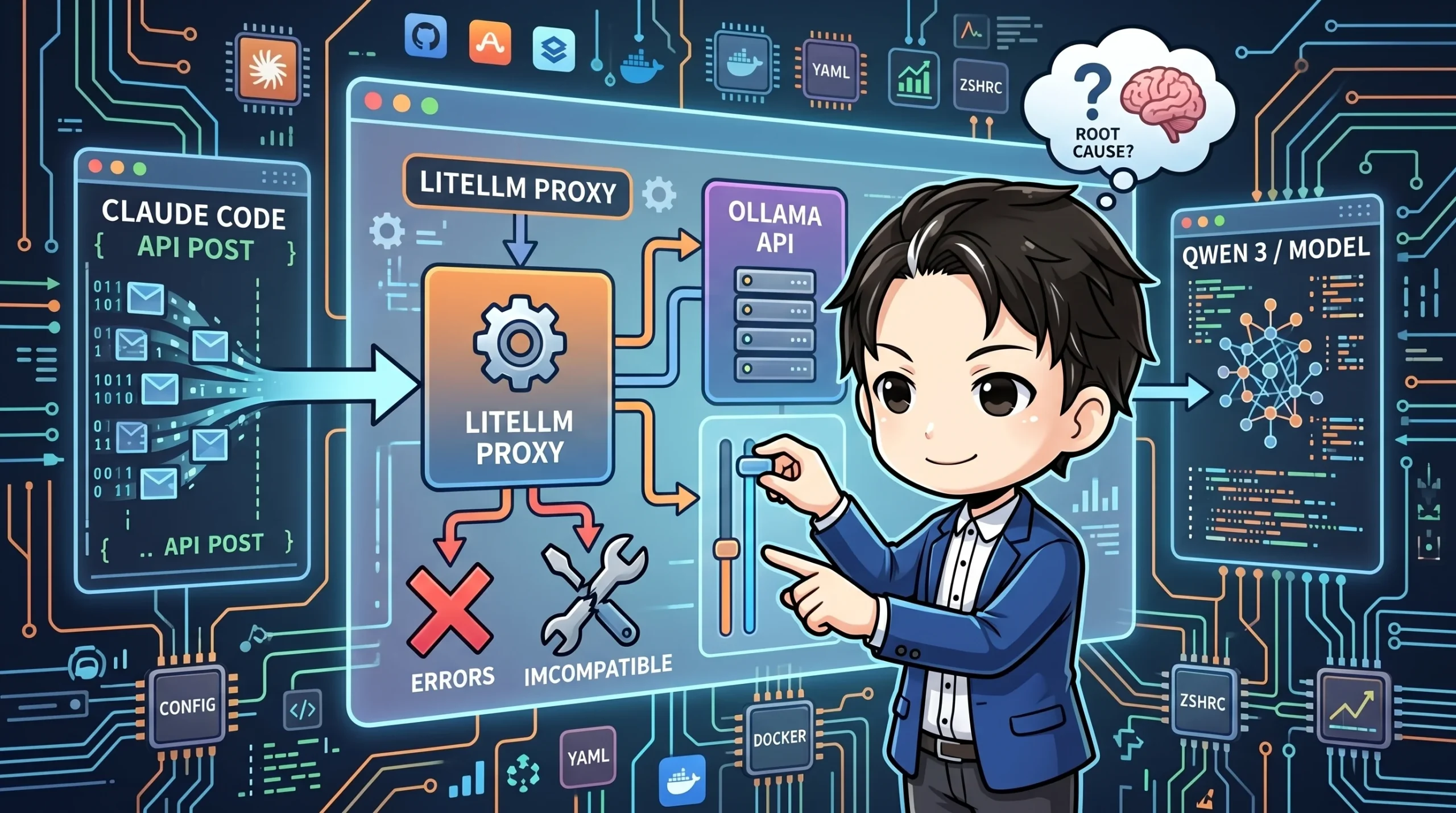 Claude CodeをLiteLLMプロキシでOllama上のQwen 3モデルへ繋ぐシステム構成図。エラーや互換性の問題に直面し、原因究明する様子を描写。ローカルLLM連携の検証と課題を表します。